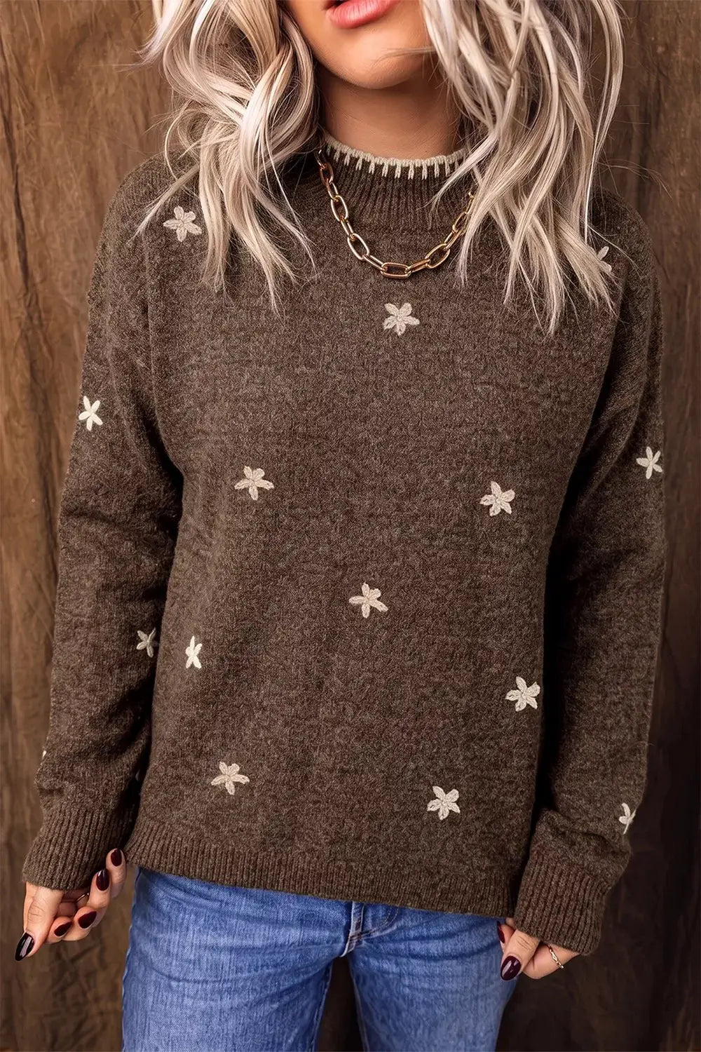 Floral Mock Neck Long Sleeve Sweater by Trendsi