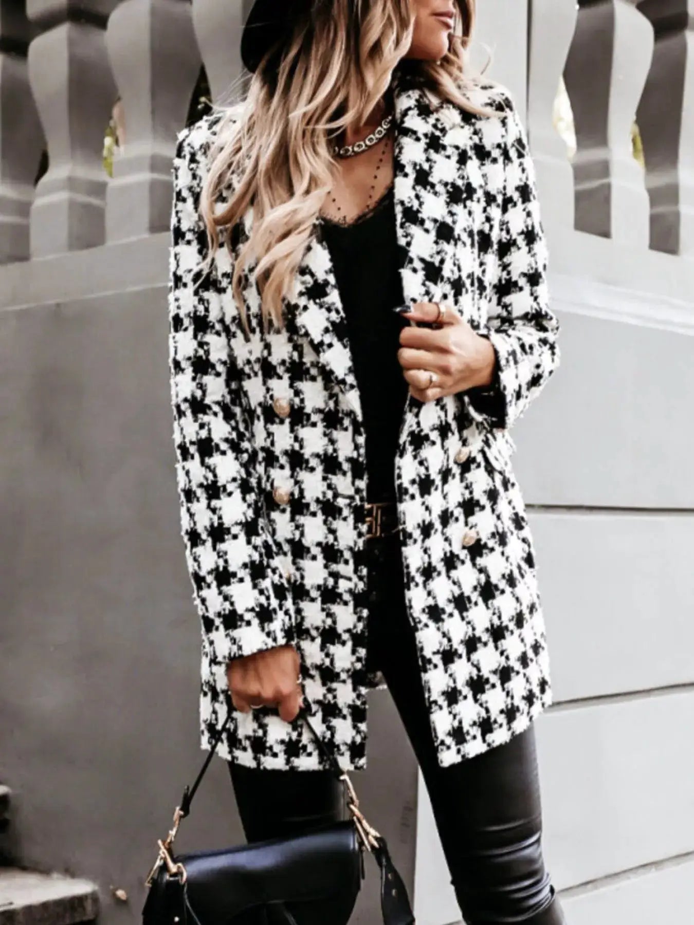 Plaid Tweed Double-Breasted Coat by Trendsi