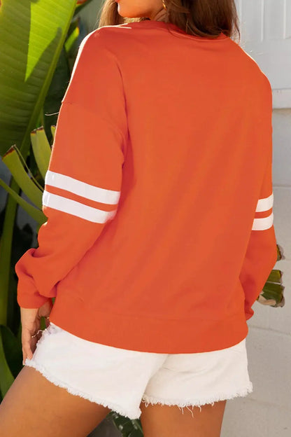 Spooky Season Ghost Graphic Varsity Striped Sleeve Halloween Pullover Sweatshirt by Trendsi