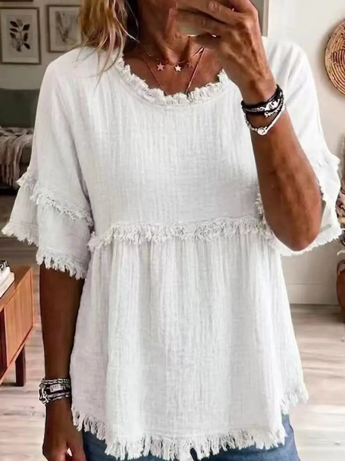 Full Size Frayed Edge Textured Blouse Plus Size by Trendsi