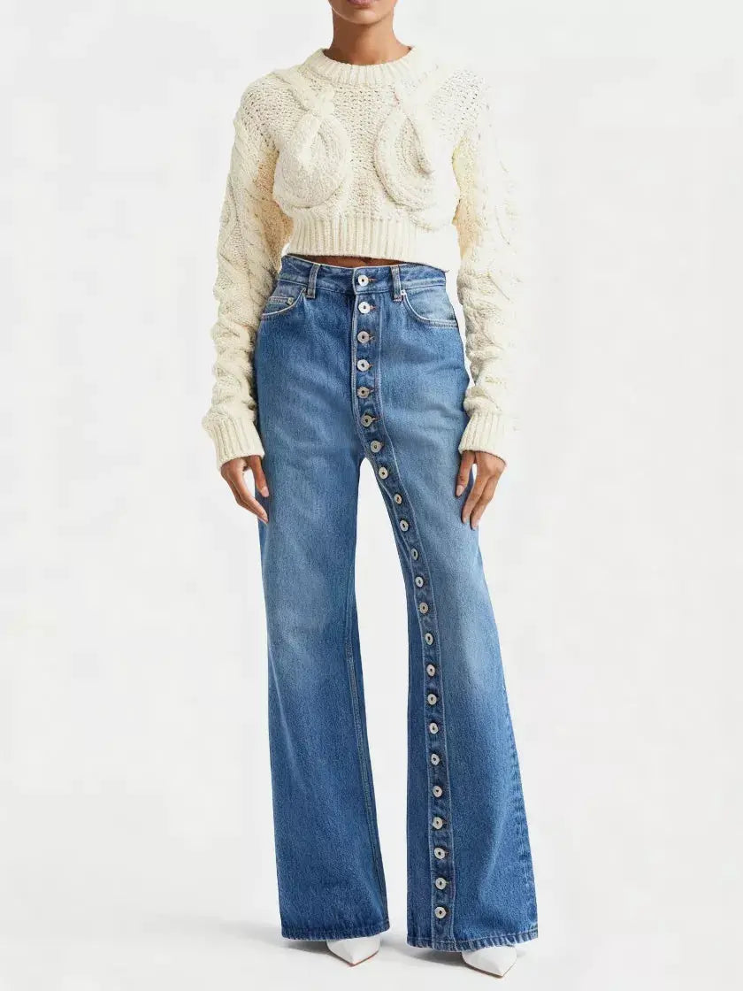 High-Waisted Asymmetric Button-Fly Wide-Leg Jeans by Trendsi