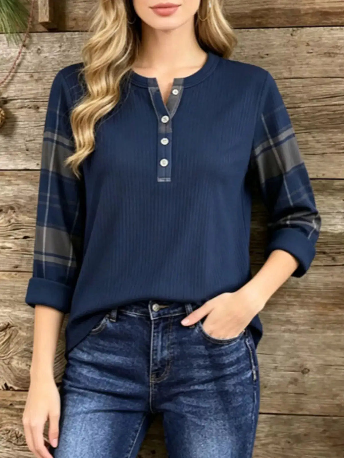 Full Size Ribbed Knit Henley T-Shirt with Plaid Contrast Sleeves Plus Size by Trendsi
