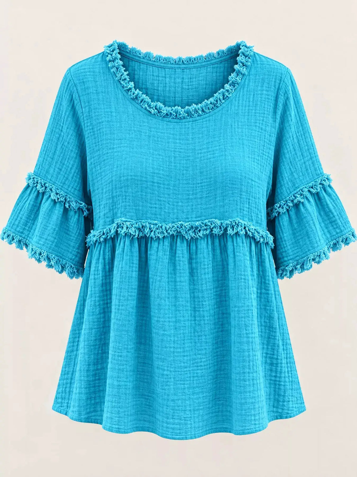 Full Size Frayed Edge Textured Blouse Plus Size by Trendsi