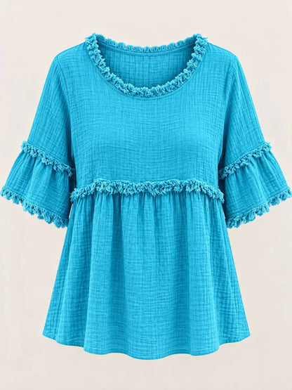 Full Size Frayed Edge Textured Blouse Plus Size by Trendsi