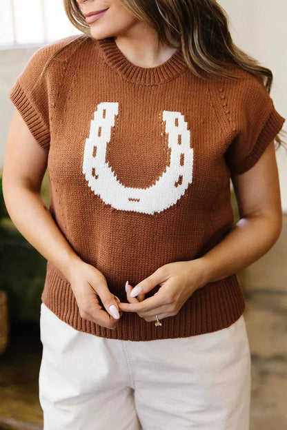 Western Horseshoe Pattern Short Sleeve Knit Sweater by Trendsi