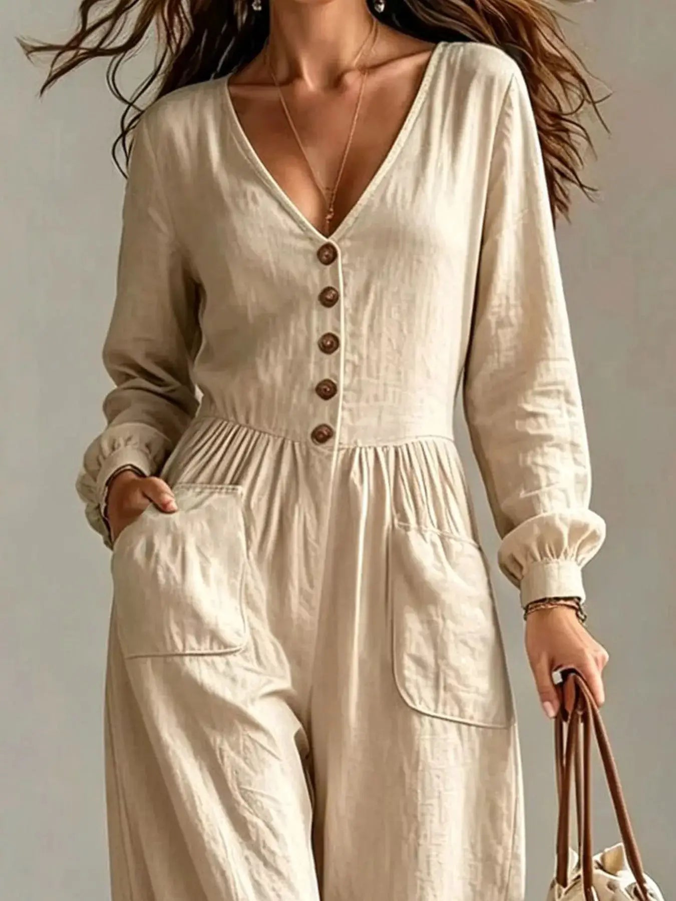 V-Neck Long Sleeve Button-Down Wide Leg Jumpsuit by Trendsi