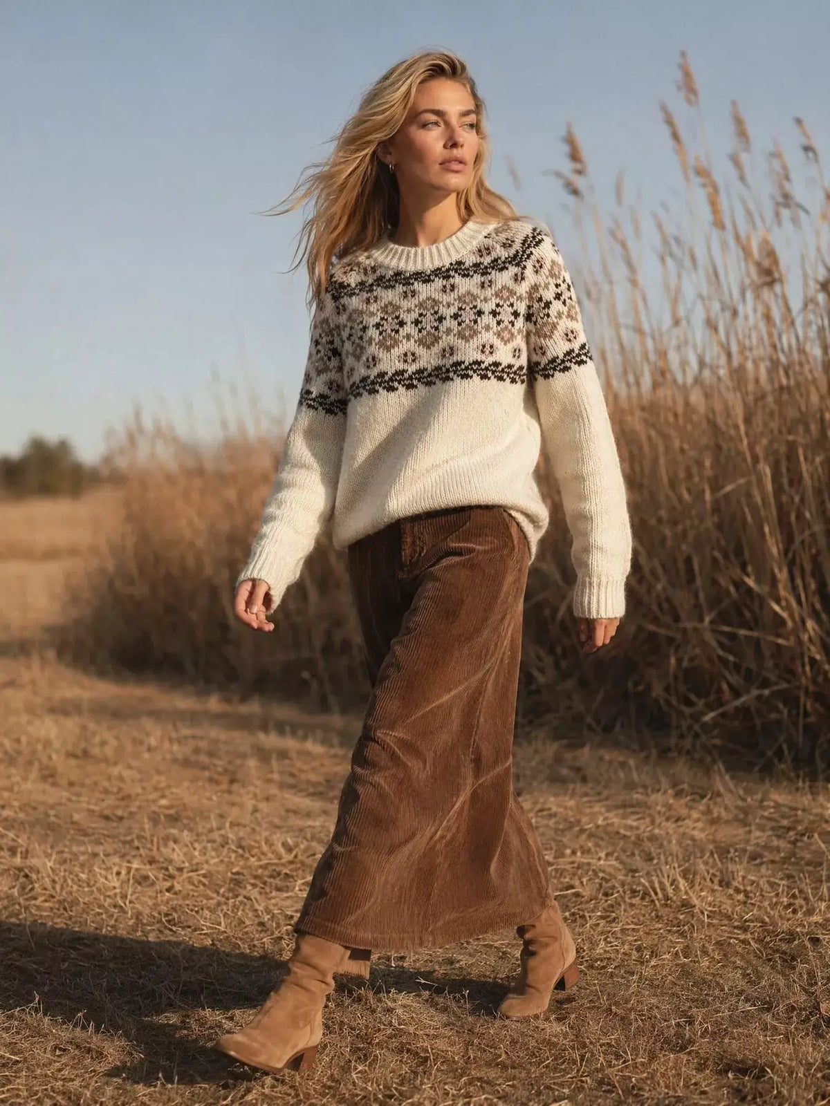 Fair Isle Patterned Round Neck Sweater by Trendsi