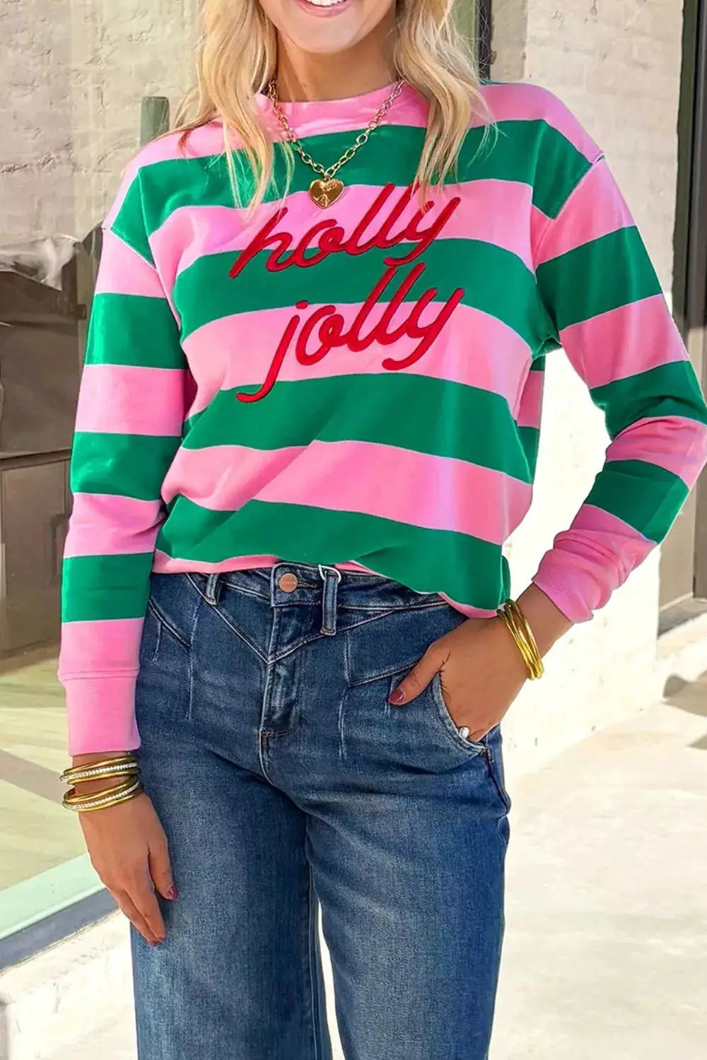 Stripe holly jolly Letter Embroidered Pullover Sweatshirt by Trendsi