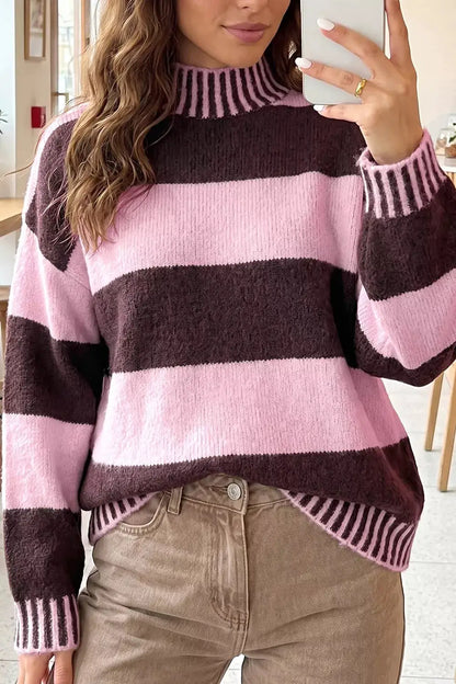 Stripe Contrast High Neck Dropped Shoulder Relaxed Sweater by Trendsi
