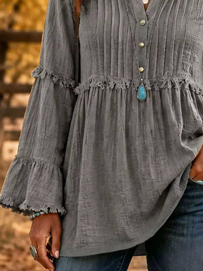 Full Size Frill Notched Long Sleeve Blouse Plus Size by Trendsi