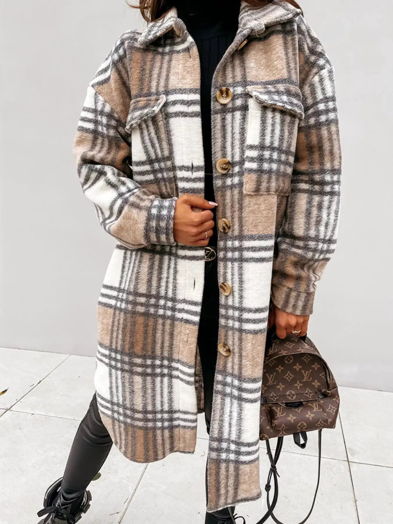 Longline Plaid Button Up Coat by Trendsi