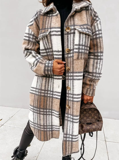 Longline Plaid Button Up Coat by Trendsi