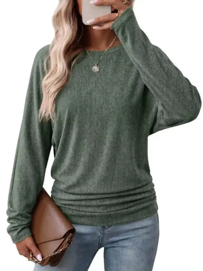 Long Sleeve Crew Neck Casual T-Shirt with Ruched Hem by Trendsi