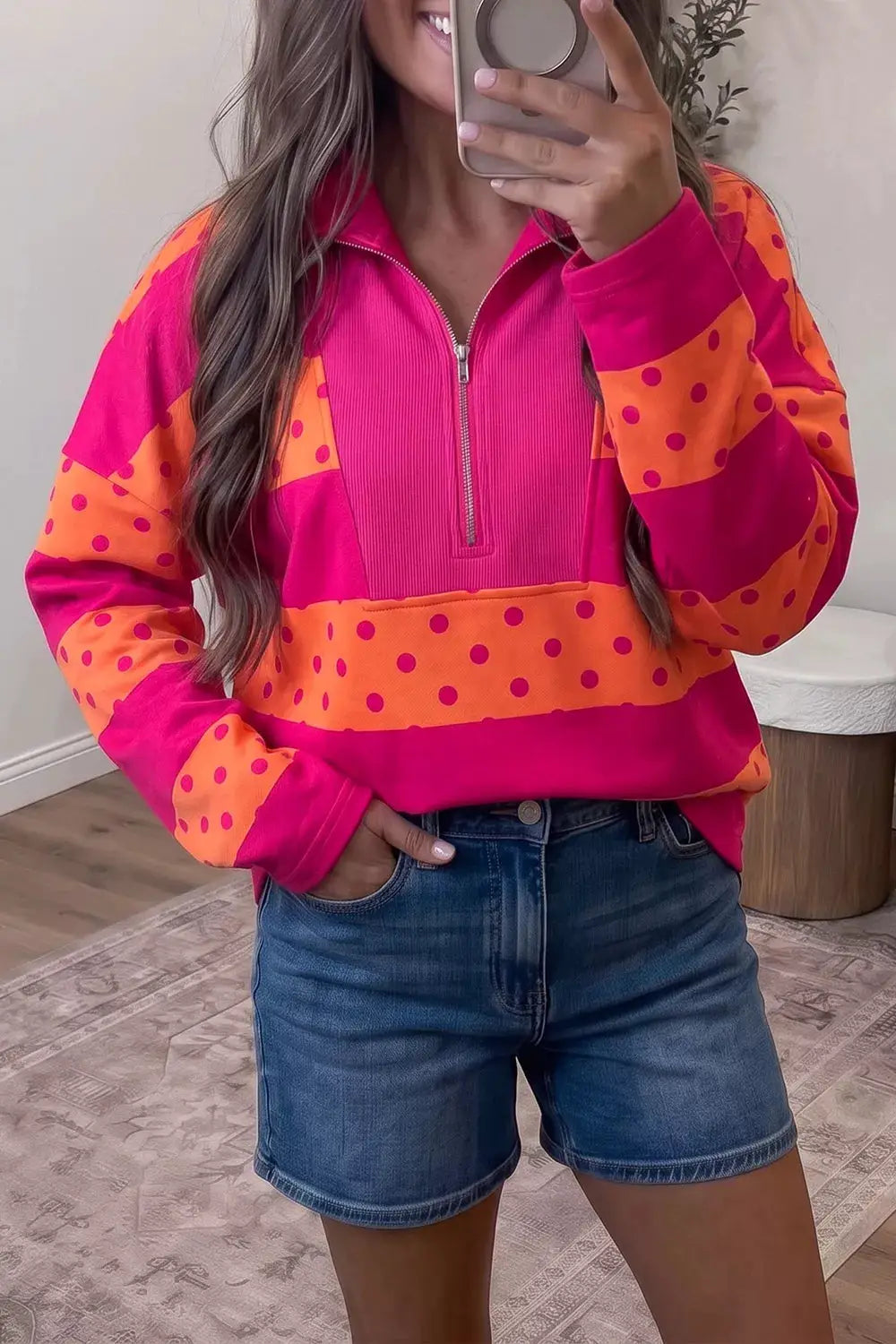 Polka Dot Quarter-Zip Sweatshirt by Trendsi