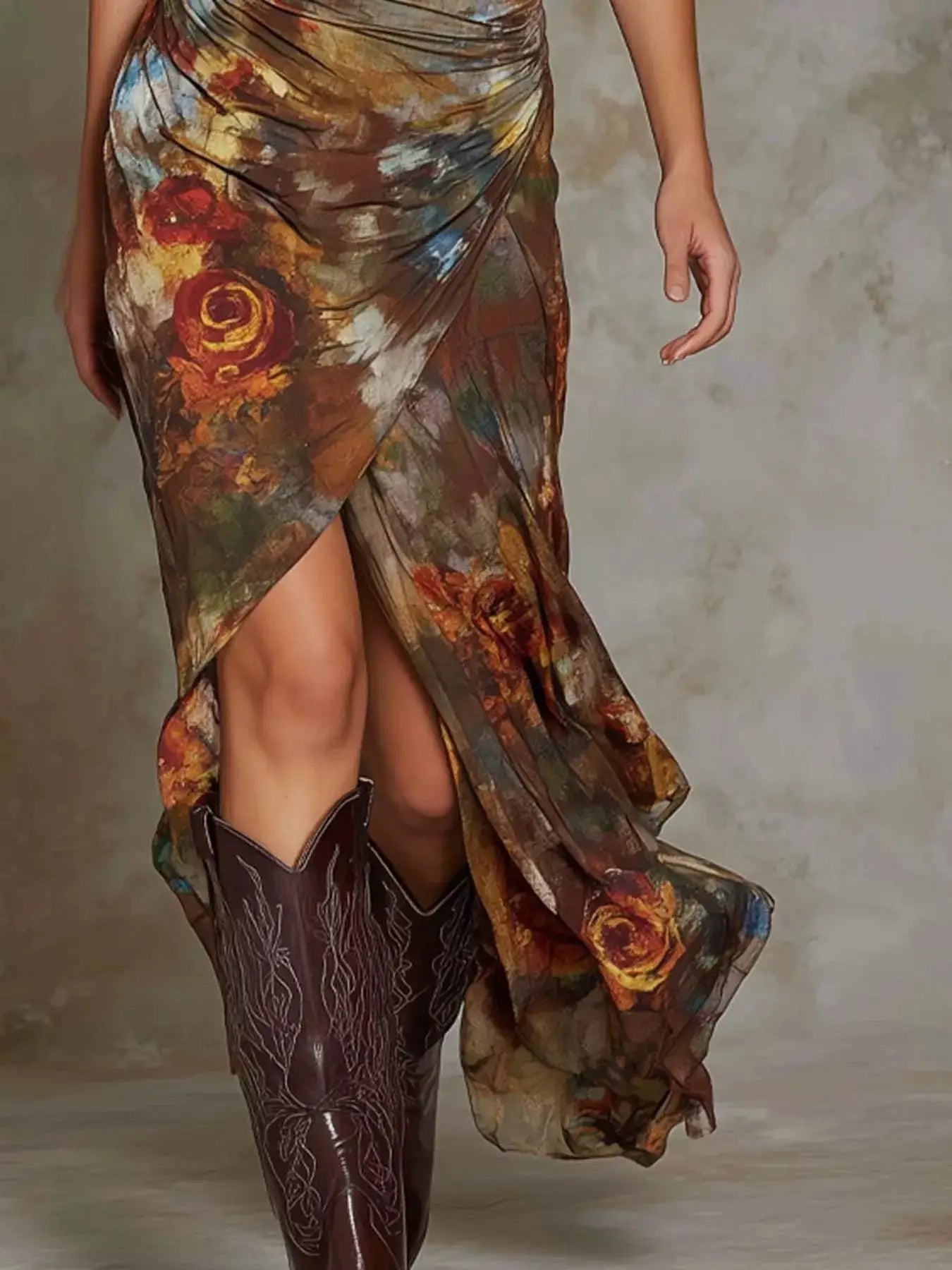 Floral Print Ruched Wrap Midi Dress by Trendsi