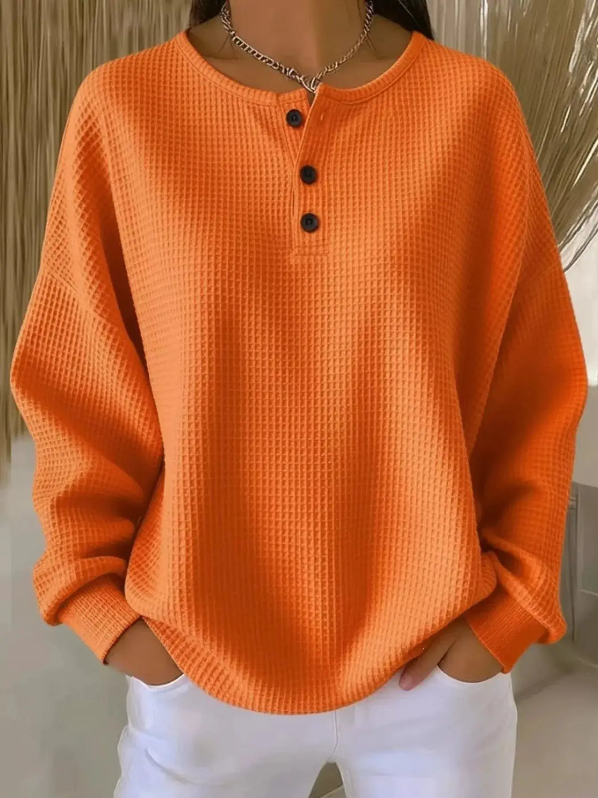 Full Size Waffle Knit Button Detail Top Plus Size by Trendsi