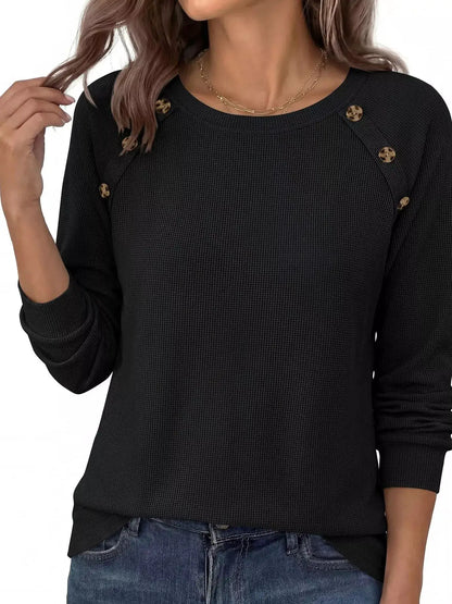 Decorative Button Waffle Knit Long Sleeve T-Shirt by Trendsi