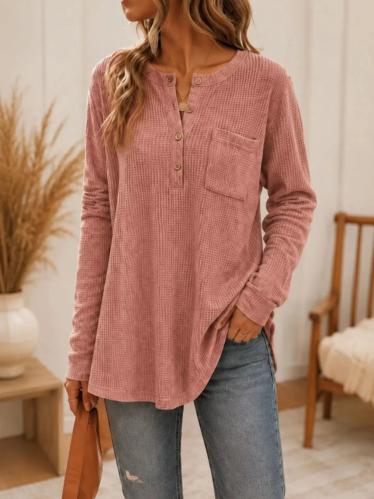 Waffle Knit Button Detail Top by Trendsi