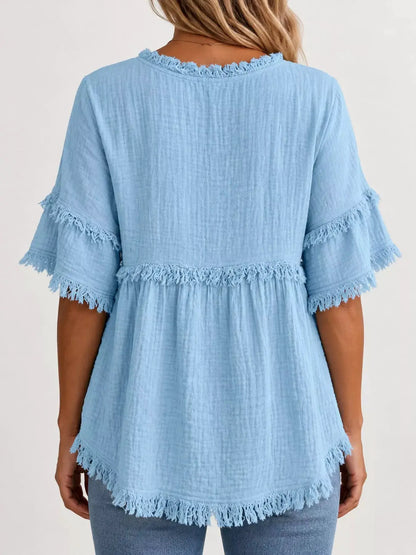Full Size Frayed Edge Textured Blouse Plus Size by Trendsi