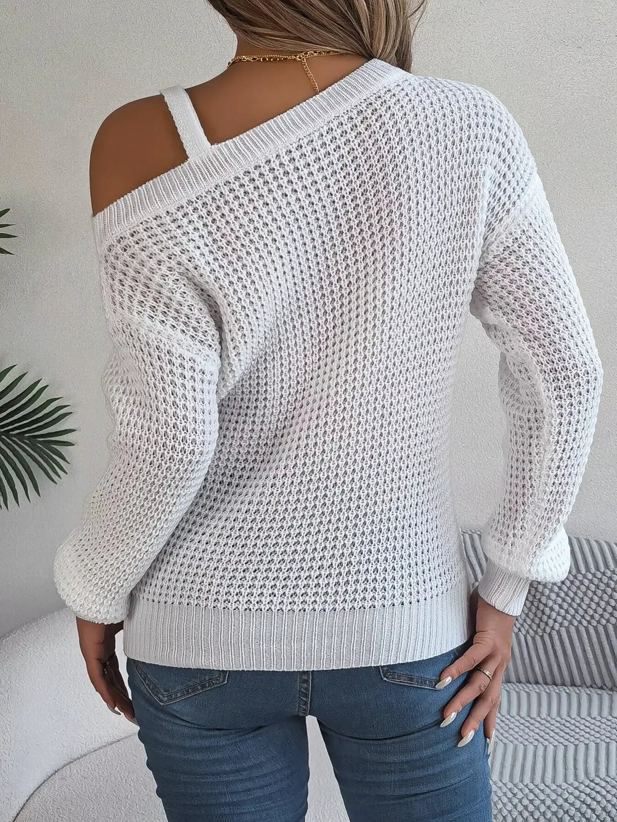 Asymmetrical Neck Long Sleeve Sweater by Trendsi