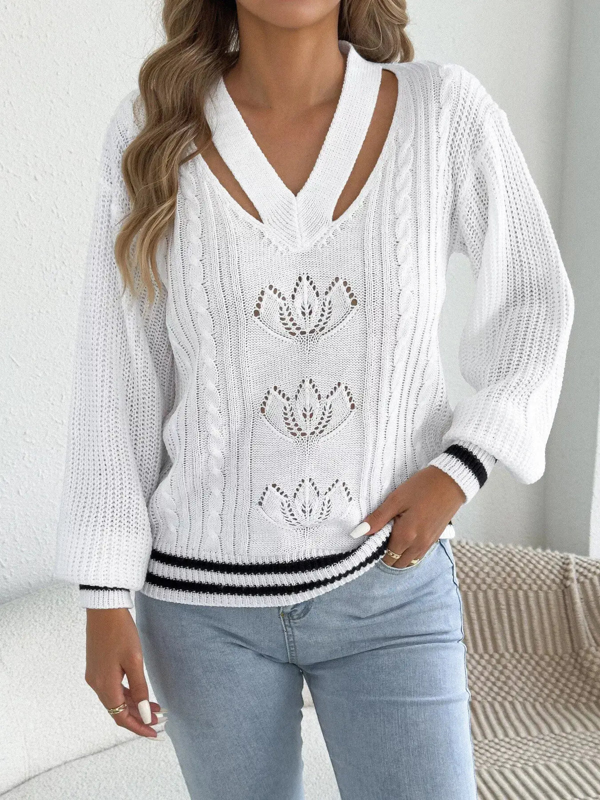 Cutout Cable Knit Sweater by Trendsi