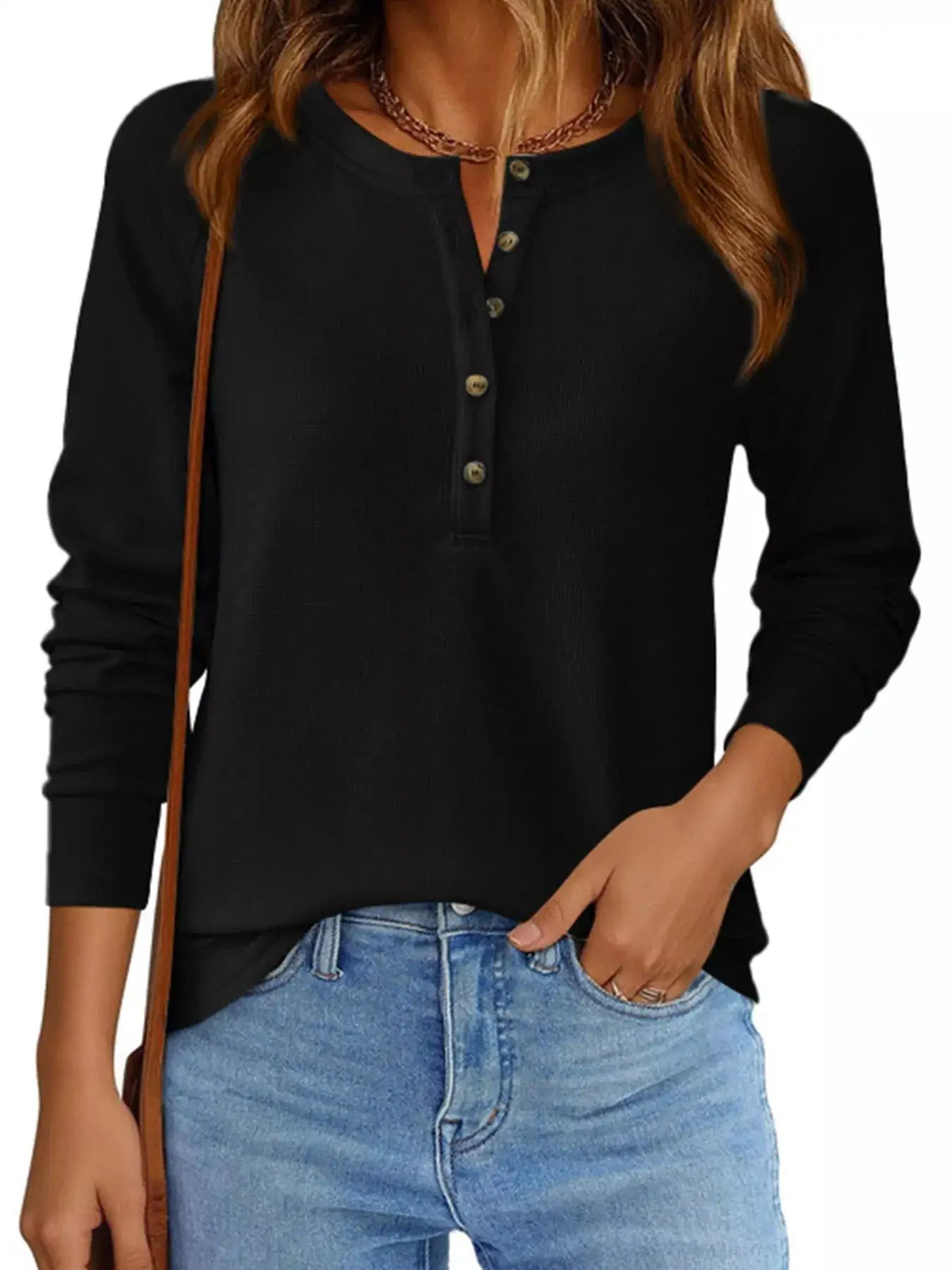 Waffle Knit Henley Long Sleeve T-Shirt by Trendsi