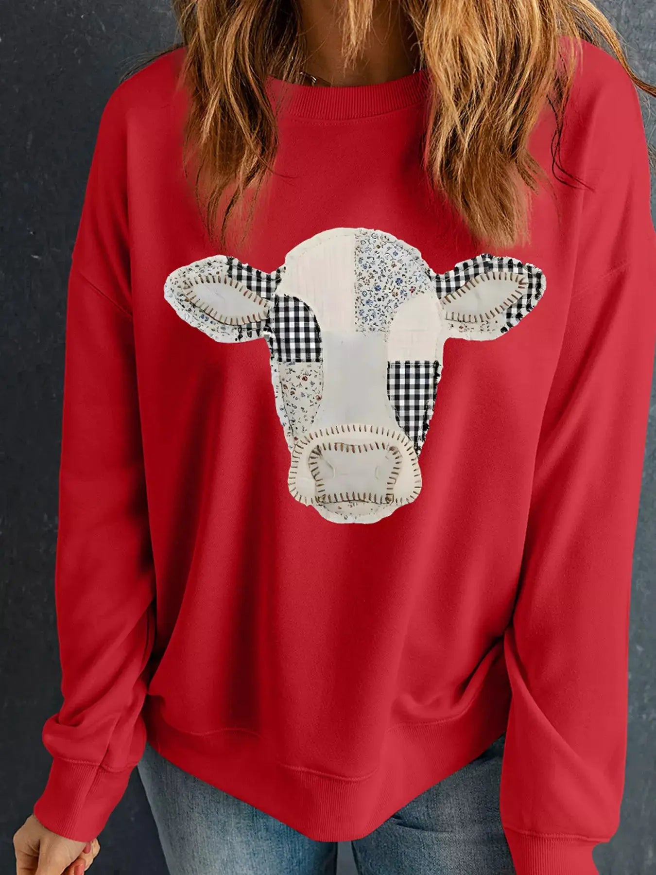 Western Patchwork Cow Drop Shoulder Sweatshirt by Trendsi