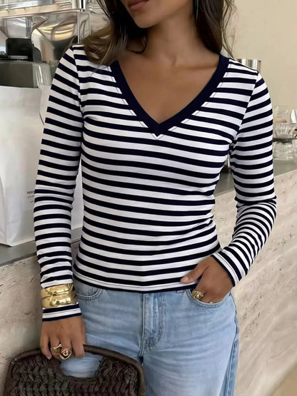 Striped V-Neck Long Sleeve T-Shirt by Trendsi
