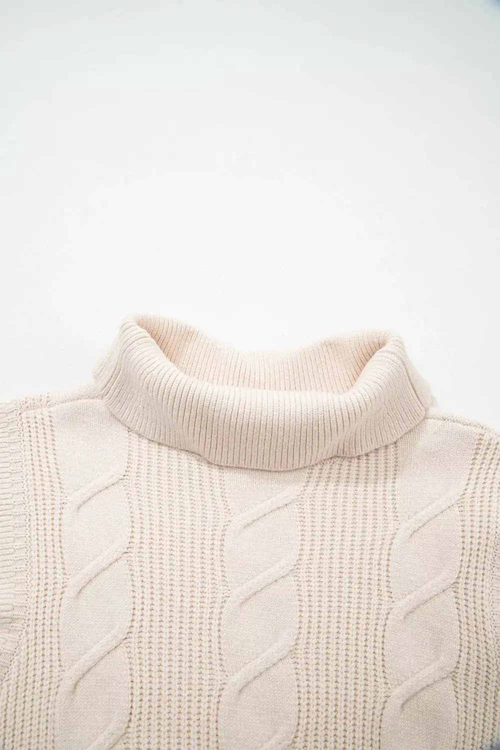 Cable Knit Turtleneck Ruffled Short Sleeve Sweater by Trendsi