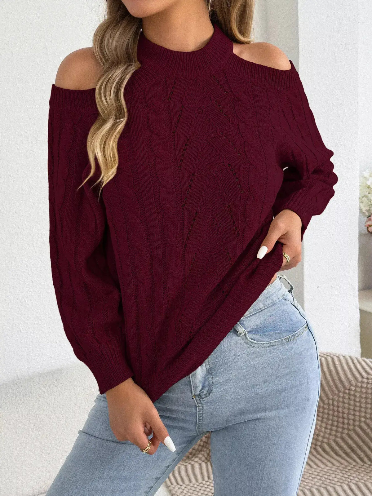 Cold Shoulder Cable Knit Sweater by Trendsi