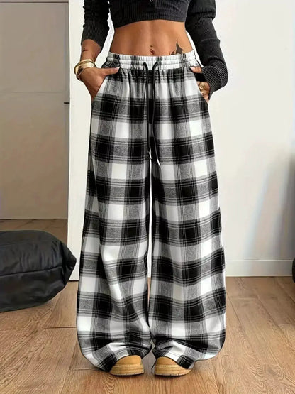 Plus Size Plaid Wide-Leg Drawstring Pants by Trendsi