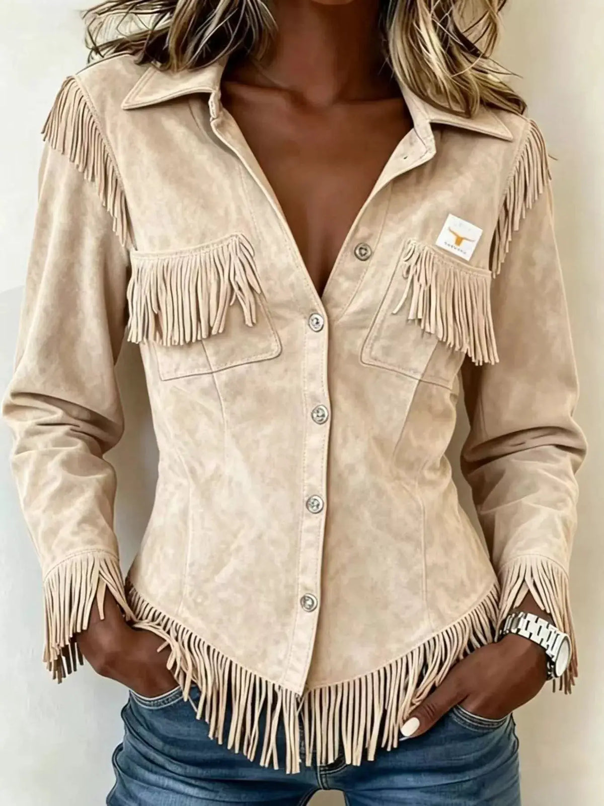 Full Size Fringed Snap Down Jacket Plus Size by Trendsi
