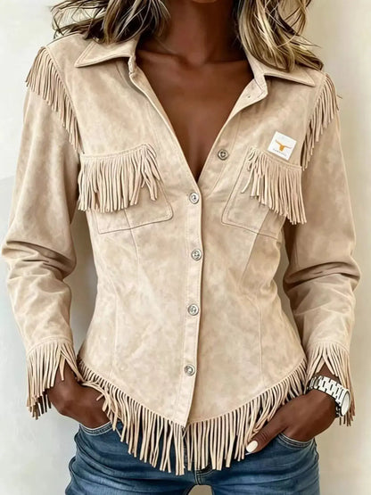 Full Size Fringed Snap Down Jacket Plus Size by Trendsi