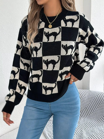 Checkerboard Halloween Graphic Sweater by Trendsi
