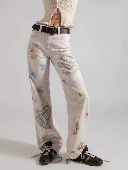 Printed Wide Leg Jeans by Trendsi