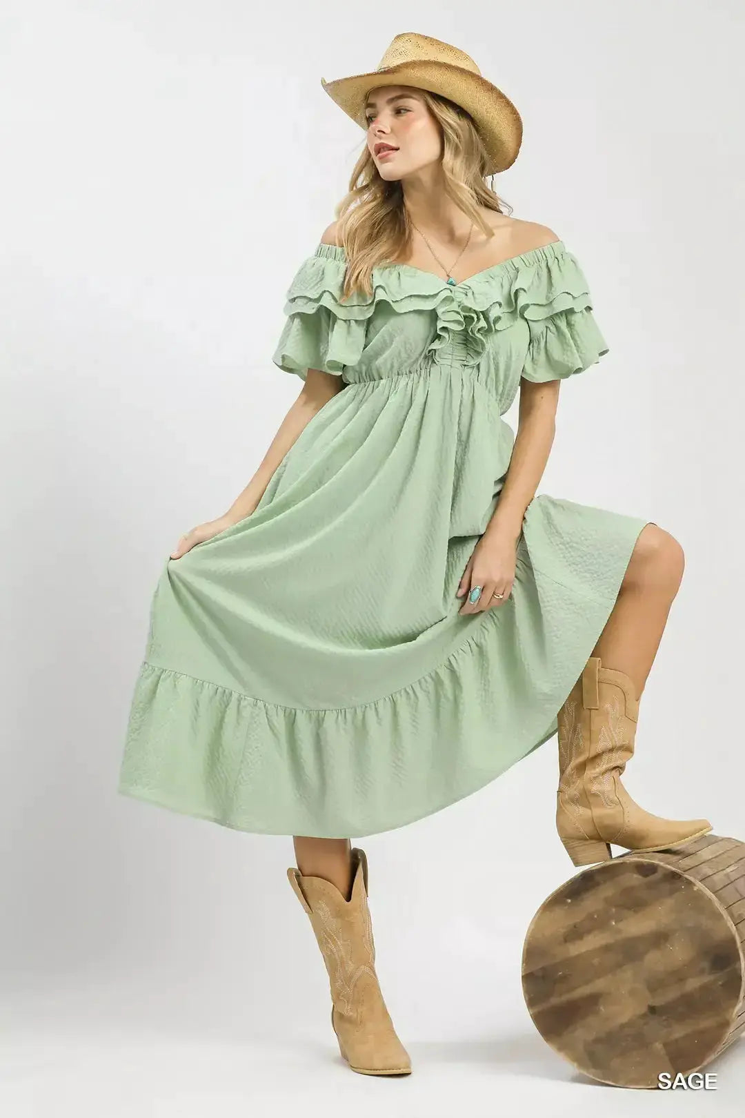 Umgee Textured Ruffle Midi Dress by Trendsi