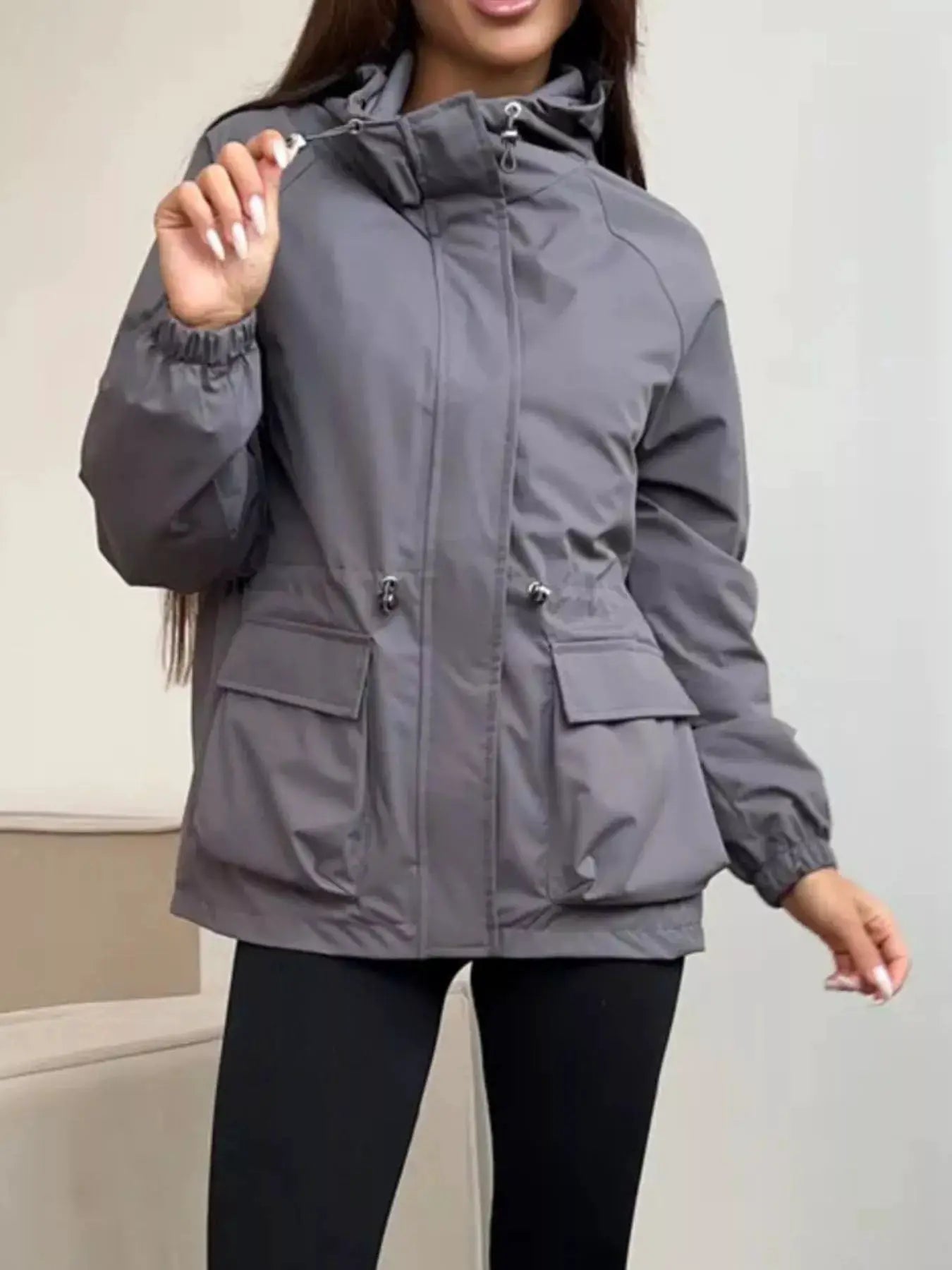 Drawstring Waist Hooded Windbreaker Outerwear by Trendsi