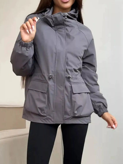 Drawstring Waist Hooded Windbreaker Outerwear by Trendsi