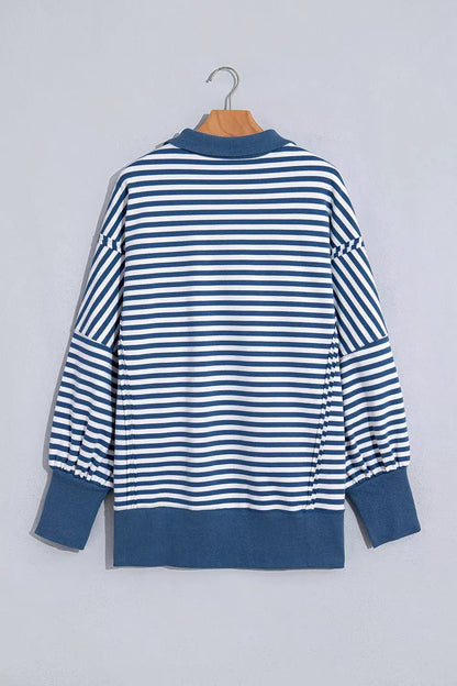 Stripe Color Block Trim Raw Seam Split Hem Loose Sweatshirt by Trendsi