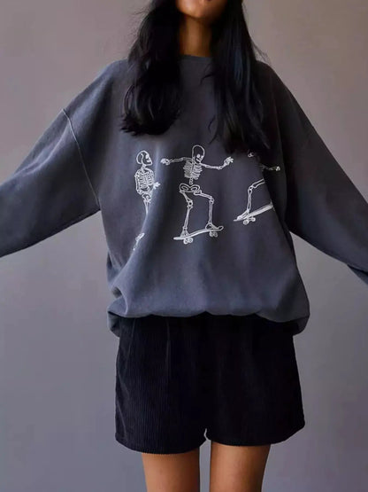 Skeleton Graphic Round Neck Sweatshirt by Trendsi