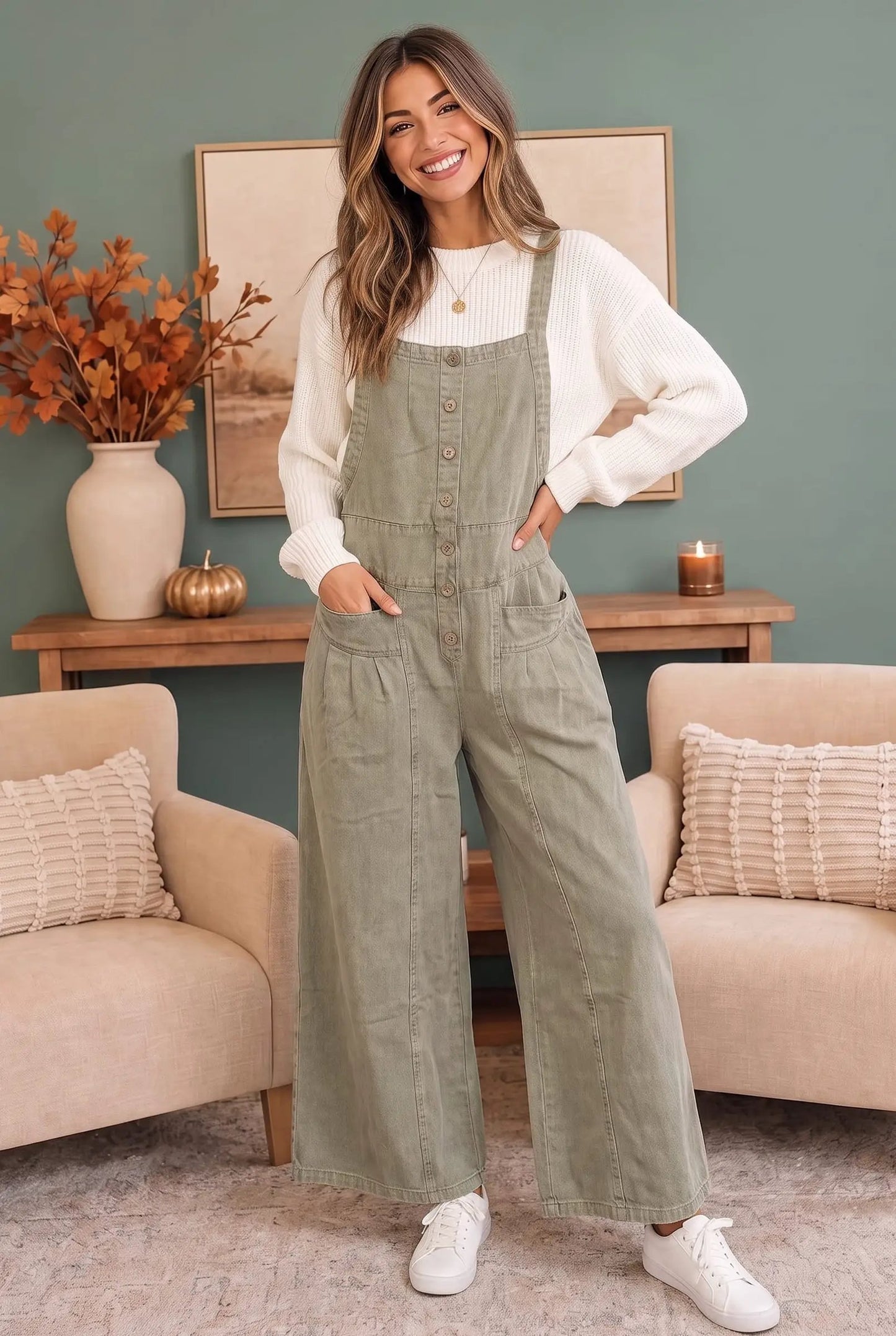 Sage Green Washed Button Front Wide Leg Overalls