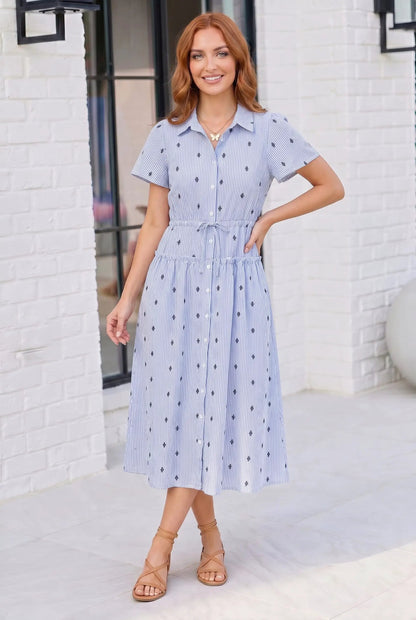 Stripe and Shine Button Down Midi Dress by Haptics