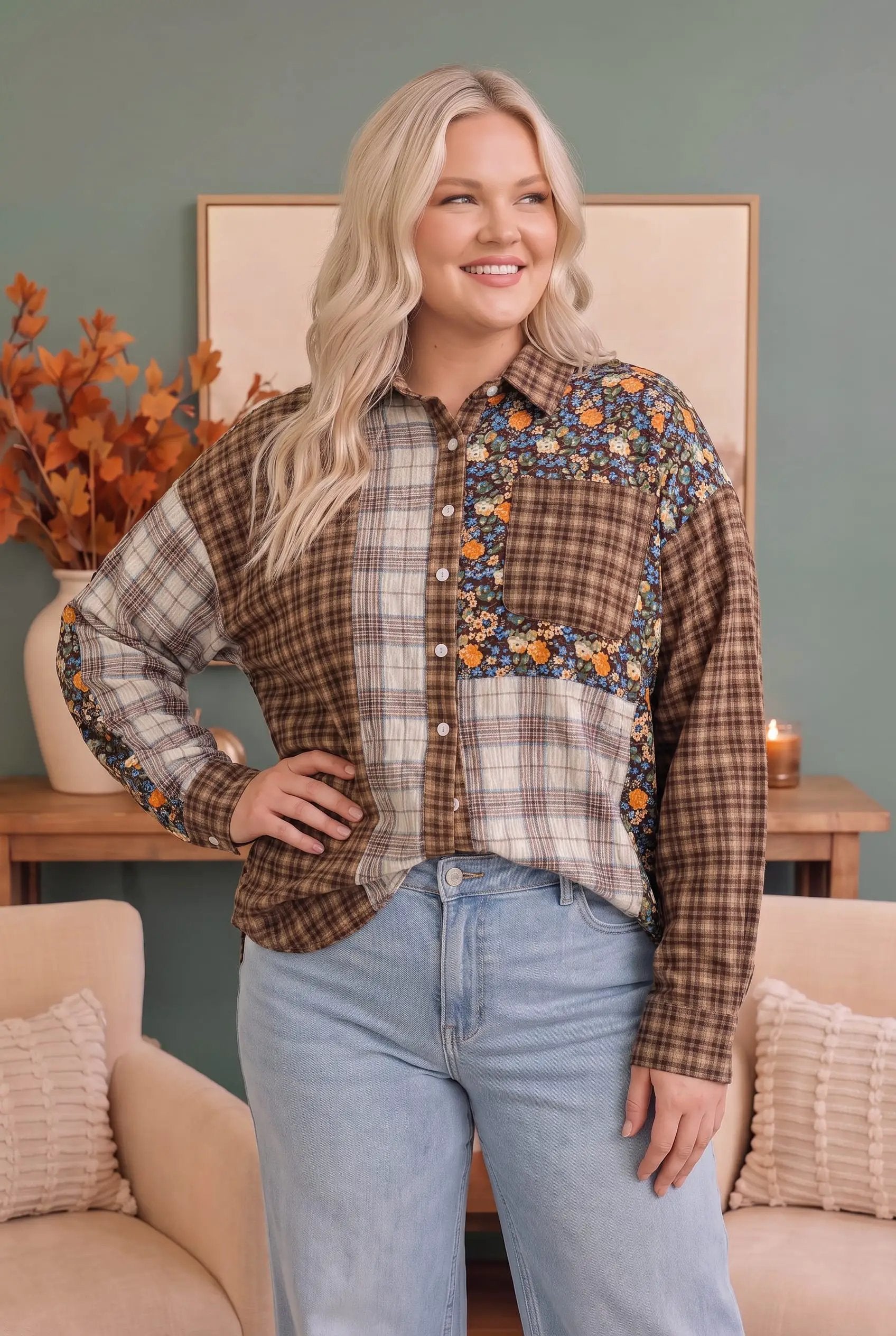 Patchwork Plaid Mixed Media Button Down Shirt by Haptics