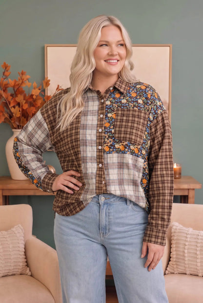 Patchwork Plaid Mixed Media Button Down Shirt by Haptics