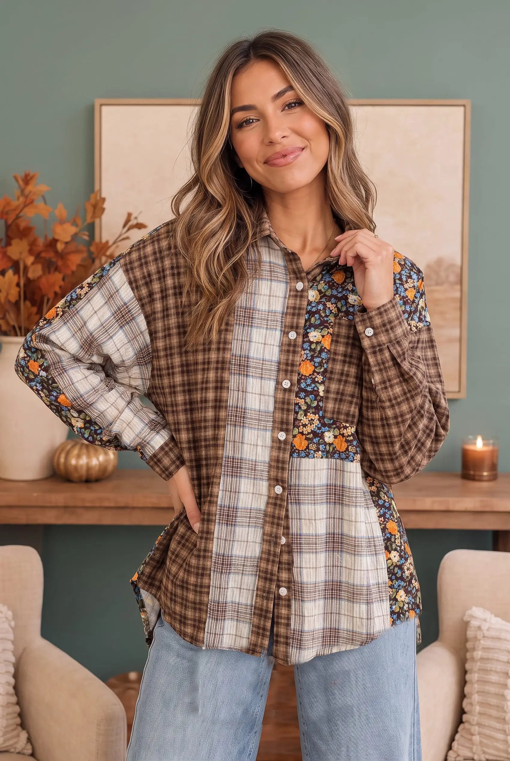 Patchwork Plaid Mixed Media Button Down Shirt by Haptics