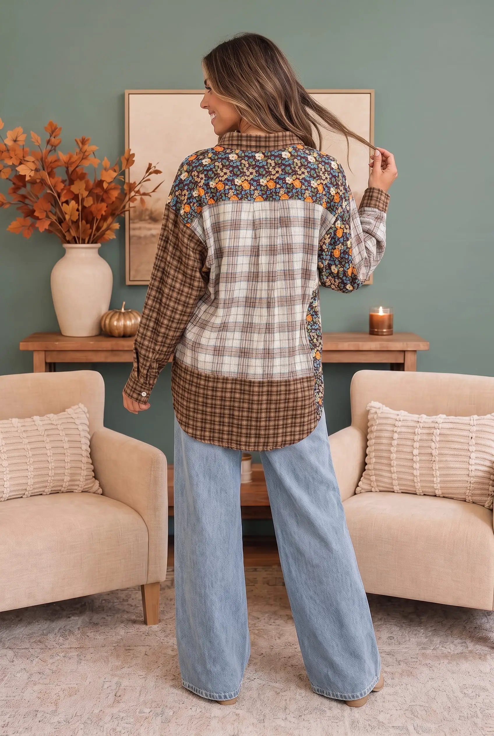 Patchwork Plaid Mixed Media Button Down Shirt by Haptics