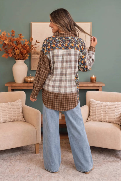 Patchwork Plaid Mixed Media Button Down Shirt by Haptics