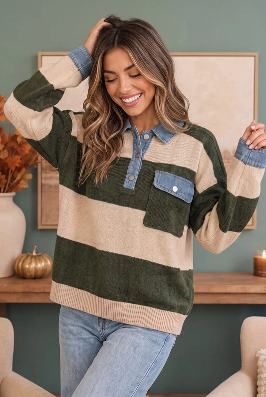 Olive Grove Striped Denim Collar Sweater by Haptics