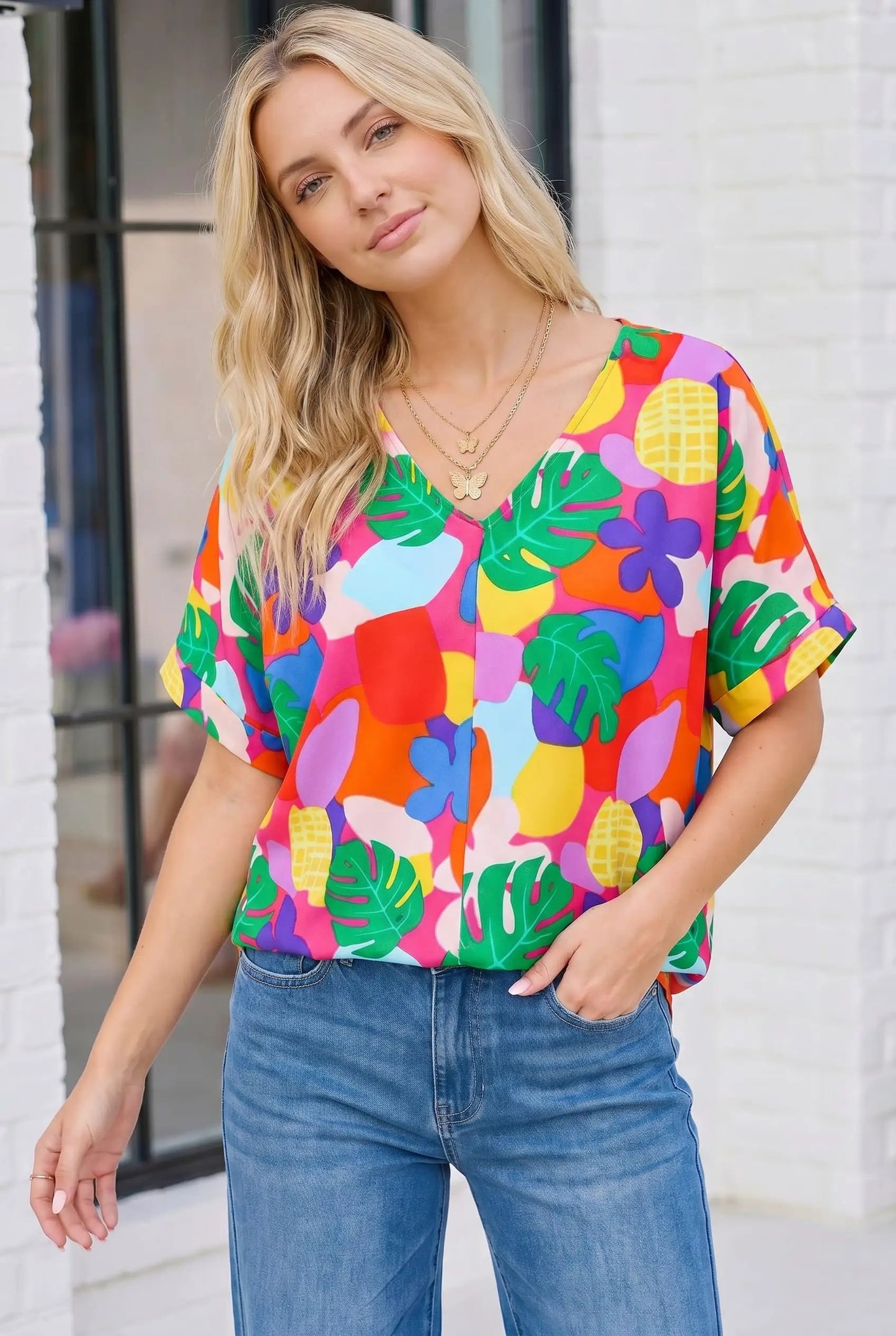 Tropical Pop Art V-Neck Top by Haptics