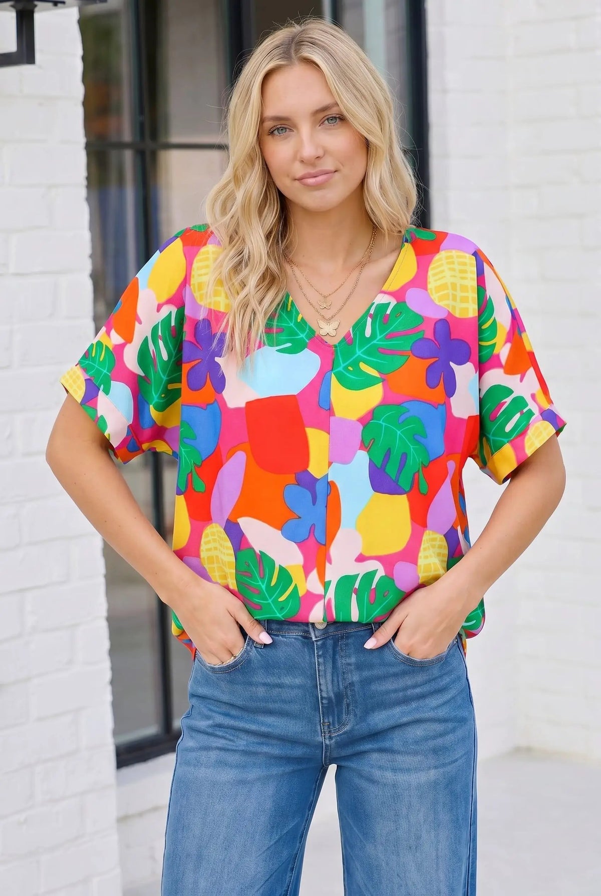 Tropical Pop Art V-Neck Top by Haptics